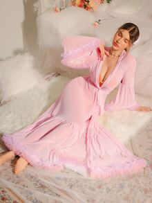 DelicateAllure Ruffle Trim Trumpet Sleeve Ruffle Hem Belted Mesh Pink Robe Women, Long Sexy Nightgown - Baby Pink - View 1