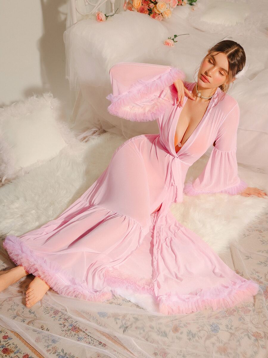 DelicateAllure Ruffle Trim Trumpet Sleeve Ruffle Hem Belted Mesh Pink Robe Women, Long Sexy Nightgown - Baby Pink - View 1