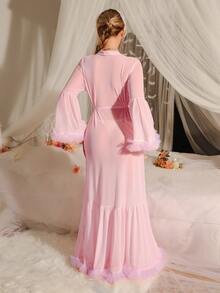 DelicateAllure Ruffle Trim Trumpet Sleeve Ruffle Hem Belted Mesh Pink Robe Women, Long Sexy Nightgown - Baby Pink - View 2