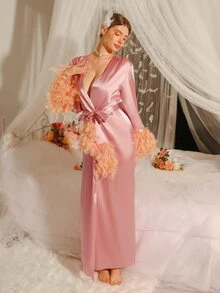 Crystal Vow Contrast Fuzzy Panel Belted Satin Robe Luxeloungewear, Fall, Winter - Pink - View 3