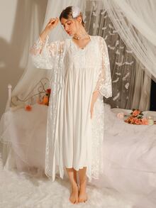 PalaceNights Floral Embroidery Pajama Night Dress & Tie Front Robe White Set, Fall Winter Clothes - White - View 5