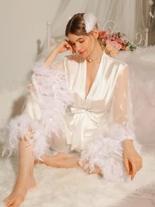 Women's Mesh Contrast Feather Trim Pajama Set, White Set, Fall Winter Clothes - White - View 3