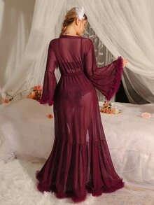 Slumberist Women's Flare Sleeve Ruffle Hem Sexy Mesh Extra Long Robe + Women's Sexy Lace Bodysuit Pajama Set, 2pcs - Maroon - View 2