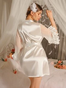 Côtesoire Ruffle Trim Decorated Satin Women's Bathrobe, Sexy Luxeloungewear, Fall, Winter - White - View 3