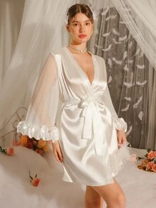 Côtesoire Ruffle Trim Decorated Satin Women's Bathrobe, Sexy Luxeloungewear, Fall, Winter - White - View 5