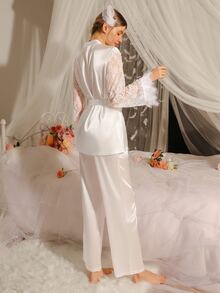 Slumberist Ladies' Lace Patchwork Plush Cuff Pajama Set , Fall Winter Clothes Cozy And Elegant Details - White - View 2