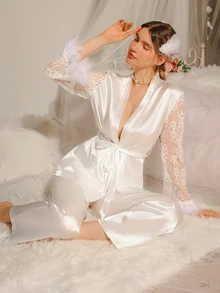 Slumberist Ladies' Lace Patchwork Plush Cuff Pajama Set , Fall Winter Clothes Cozy And Elegant Details - White - View 3