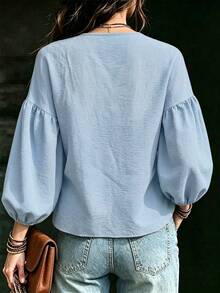 Breezaya Women's Solid Color V-Neck Pleated Casual Versatile Daily Plus Size Top, Plus Size Blouse - Blue - View 2
