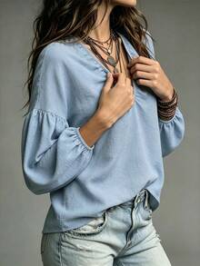 Breezaya Women's Solid Color V-Neck Pleated Casual Versatile Daily Plus Size Top, Plus Size Blouse - Blue - View 5