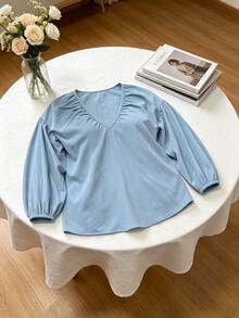 Breezaya Women's Solid Color V-Neck Pleated Casual Versatile Daily Plus Size Top, Plus Size Blouse - Blue - View 8