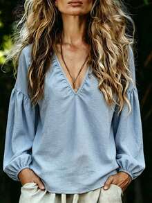 Breezaya Women's Solid Color V-Neck Pleated Casual Versatile Daily Plus Size Top, Plus Size Blouse - Blue - View 3