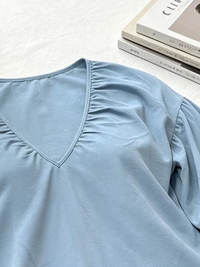 Breezaya Women's Solid Color V-Neck Pleated Casual Versatile Daily Plus Size Top, Plus Size Blouse - Blue - View 7