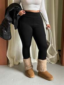 GalTyme Plus Size Women's Solid Color High Waist Casual Versatile Leggings - Black - View 5