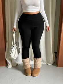 GalTyme Plus Size Women's Solid Color High Waist Casual Versatile Leggings - Black - View 3