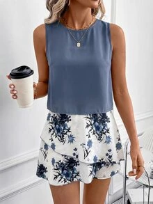 Editum 2piezas/Set Top sin mangas para mujer + Conjunto de shorts estampados, Conjunto de dos piezas rosa para mujer, Conjunto de vacaciones de verano para mujer, Conjunto de primavera para mujer, Conjunto de verano de dos piezas - Neblina azul - Ver 3