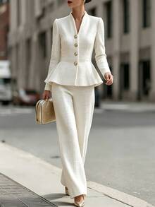 SHEIN Women's Autumn/Winter French Style Tweed Short Sleeve Round Neck Cropped Jacket With Gold Buttons And High-Waist Wide Leg Pants Set, Made Of Textured Coarse-Spun Fabric, Suitable For - White - View 1