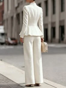 SHEIN Women's Autumn/Winter French Style Tweed Short Sleeve Round Neck Cropped Jacket With Gold Buttons And High-Waist Wide Leg Pants Set, Made Of Textured Coarse-Spun Fabric, Suitable For - White - View 3