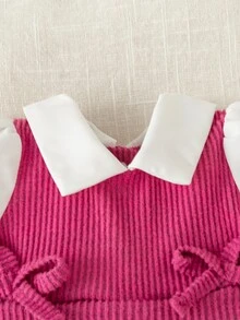 SHEIN 2pcs/Set Newborn Baby Girls Casual Outfit, Collared Color Block Top And Loose Knit Pants Set, Simple And Fashionable - Hot Pink - View 6