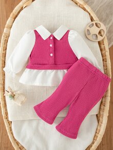 SHEIN 2pcs/Set Newborn Baby Girls Casual Outfit, Collared Color Block Top And Loose Knit Pants Set, Simple And Fashionable - Hot Pink - View 2