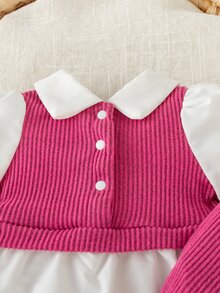 SHEIN 2pcs/Set Newborn Baby Girls Casual Outfit, Collared Color Block Top And Loose Knit Pants Set, Simple And Fashionable - Hot Pink - View 4