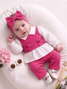 SHEIN 2pcs/Set Newborn Baby Girls Casual Outfit, Collared Color Block Top And Loose Knit Pants Set, Simple And Fashionable - Hot Pink - View 1