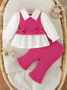 SHEIN 2pcs/Set Newborn Baby Girls Casual Outfit, Collared Color Block Top And Loose Knit Pants Set, Simple And Fashionable - Hot Pink - View 3