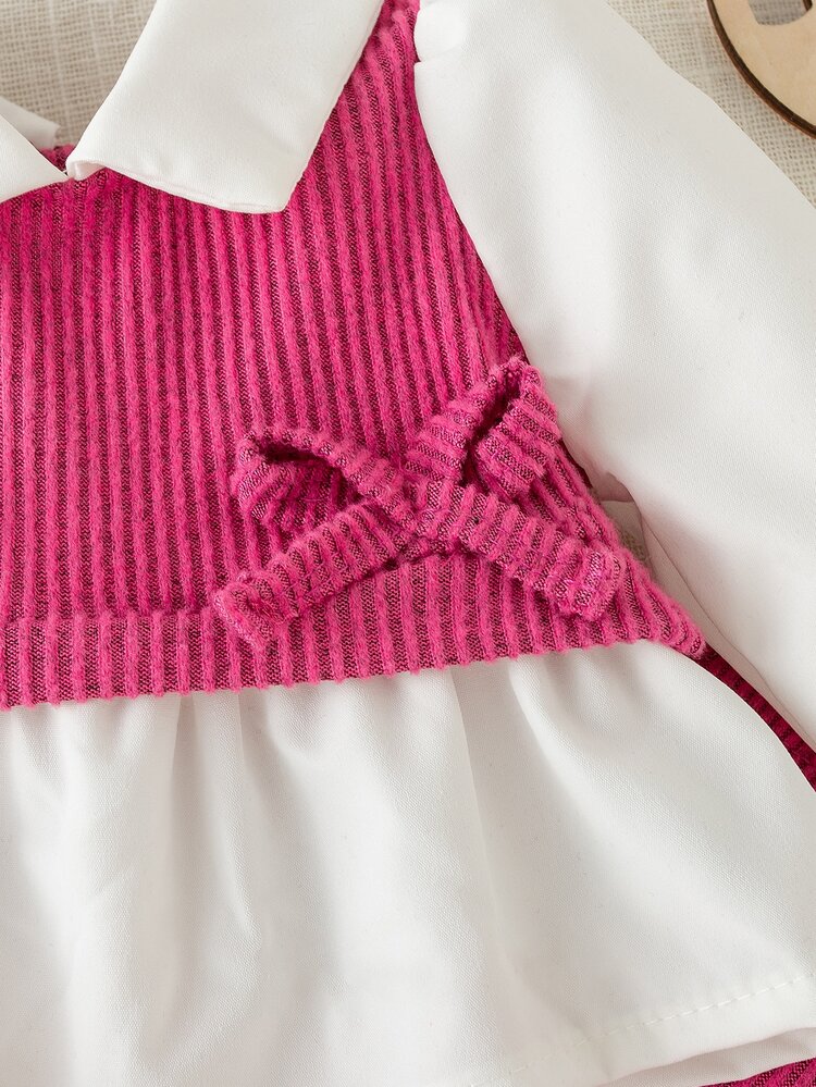 SHEIN Set de 2 piezas de conjunto informal para bebé niña recién nacida, con blusa de bloques de color con cuello y pantalones holgados de punto, sencillo y de moda - Rosa Fucsia - Añade 8