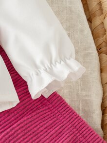 SHEIN 2pcs/Set Newborn Baby Girls Casual Outfit, Collared Color Block Top And Loose Knit Pants Set, Simple And Fashionable - Hot Pink - View 7