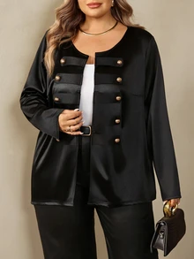 SHEIN CURVE+ 大尺碼女款優雅正裝金屬雙排扣長袖外套 2026秋季新款 適合5XL-8XL 新年秋季晚宴派對 黑色 - 黑色 - 查看 5
