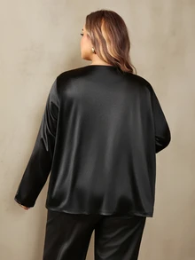 SHEIN CURVE+ 大尺碼女款優雅正裝金屬雙排扣長袖外套 2026秋季新款 適合5XL-8XL 新年秋季晚宴派對 黑色 - 黑色 - 查看 2