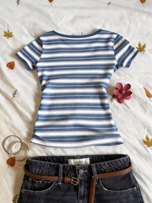 IslaSuriya Striped Digital Print V-Neck Short Sleeve T-Shirt, Gift For Friends - Multicolor - View 2