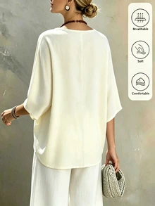 SHEIN Holidaya Spring/Summer New French Round Neck Striped Elegant Sophisticated Women's Blouse, Vacation, Short Sleeve Top - Apricot - View 2