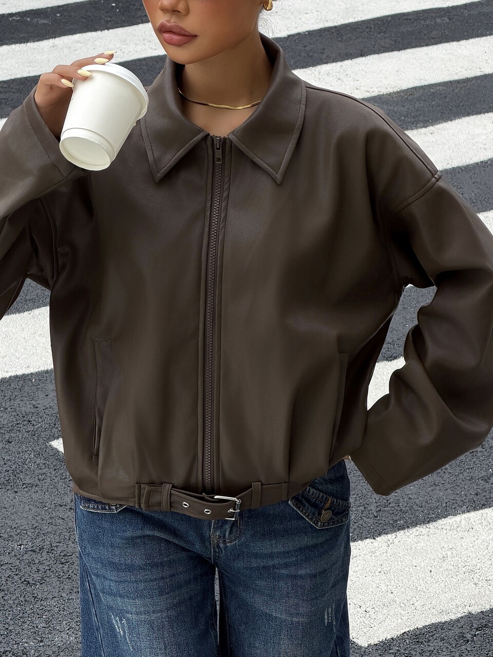 Women's Solid Color Loose Fit Lapel Zip-Up Long Sleeve Casual Streetwear PU Jacket, Autumn/Winter