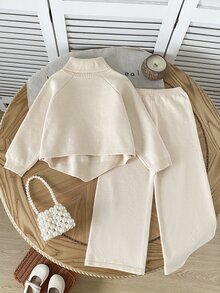 Girls' Autumn/Winter Fashion Pattern Jacquard Knit Sweater Cape & Long Pants Set Pullover - Multicolor - View 2