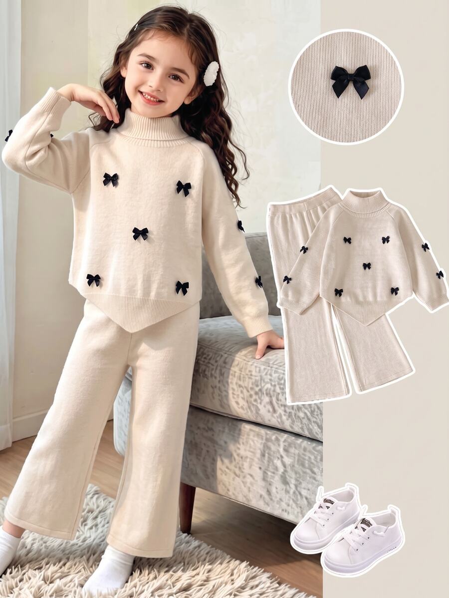 Girls' Autumn/Winter Fashion Pattern Jacquard Knit Sweater Cape & Long Pants Set Pullover - Multicolor - View 1