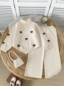 Girls' Autumn/Winter Fashion Pattern Jacquard Knit Sweater Cape & Long Pants Set Pullover - Multicolor - View 3
