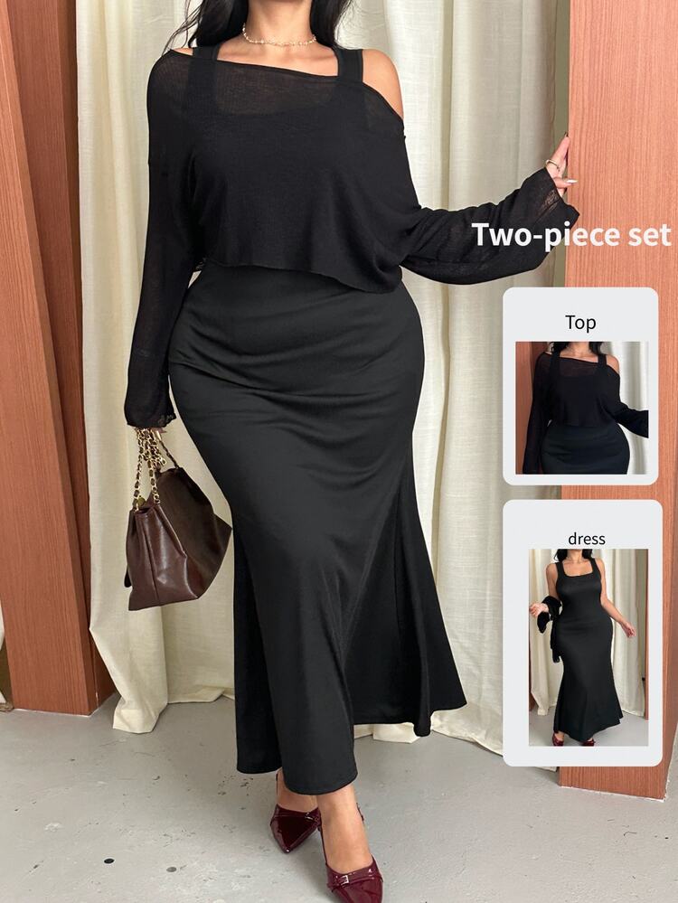 GalTyme Plus Size Women's Summer Asymmetrical Shoulder Long Sleeve Top And Tank Dress 2 Pieces Set - Black - View 8
