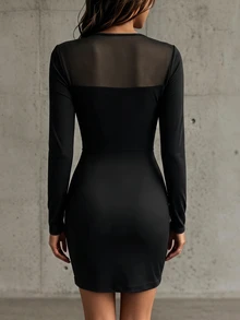LUMIGAL Women's Cowl Neck Mesh Long Sleeve Ruched Waist Bodycon Black Mini Dress, Fitted Cocktail Party Dress - Black - View 2