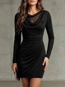 LUMIGAL Women's Cowl Neck Mesh Long Sleeve Ruched Waist Bodycon Black Mini Dress, Fitted Cocktail Party Dress - Black - View 1