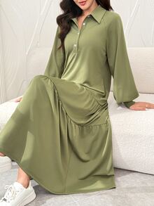 Al Najma Women Solid Lapel Collar Half Button Lantern Sleeve Ruffled Big Swing Dress Bean Green Casual Daily Long Dress For Fall Winter - Green - View 4
