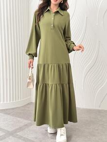 Al Najma Women Solid Lapel Collar Half Button Lantern Sleeve Ruffled Big Swing Dress Bean Green Casual Daily Long Dress For Fall Winter - Green - View 6