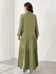 Al Najma Women Solid Lapel Collar Half Button Lantern Sleeve Ruffled Big Swing Dress Bean Green Casual Daily Long Dress For Fall Winter - Green - View 2