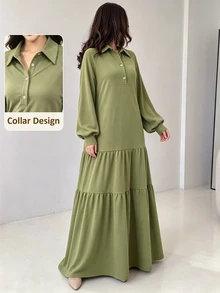 Al Najma Women Solid Lapel Collar Half Button Lantern Sleeve Ruffled Big Swing Dress Bean Green Casual Daily Long Dress For Fall Winter - Green - View 1