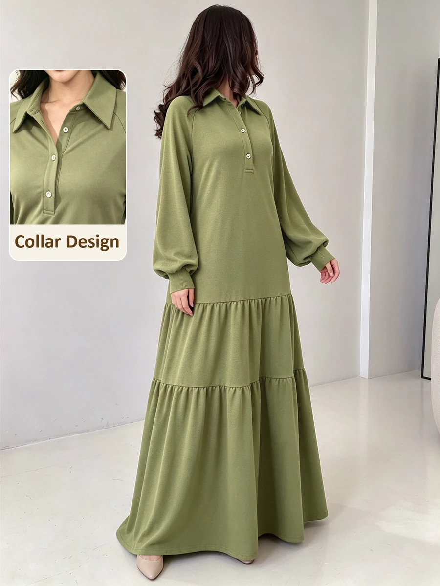 Al Najma Women Solid Lapel Collar Half Button Lantern Sleeve Ruffled Big Swing Dress Bean Green Casual Daily Long Dress For Fall Winter - Green - View 1
