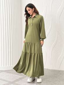 Al Najma Women Solid Lapel Collar Half Button Lantern Sleeve Ruffled Big Swing Dress Bean Green Casual Daily Long Dress For Fall Winter - Green - View 5