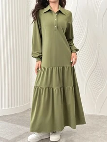 Al Najma Women Solid Lapel Collar Half Button Lantern Sleeve Ruffled Big Swing Dress Bean Green Casual Daily Long Dress For Fall Winter - Green - View 3