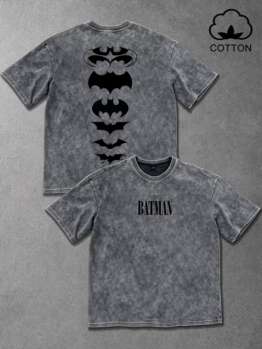 BATMAN X SHEIN Manfinity EMRG 男士蝙蝠印花圓領短袖休閒百搭T恤 - 灰色 - 查看 1