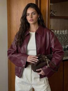 DAZY Women's Loose Street Casual Leather Jacket Fall - Burgundy - View 4