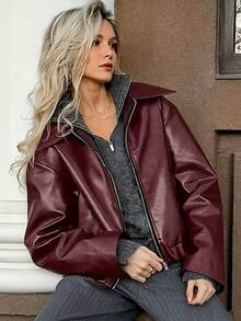 DAZY Women's Loose Street Casual Leather Jacket Fall - Burgundy - View 2