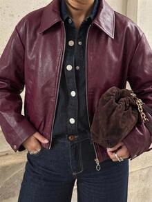 DAZY Women's Loose Street Casual Leather Jacket Fall - Burgundy - View 8